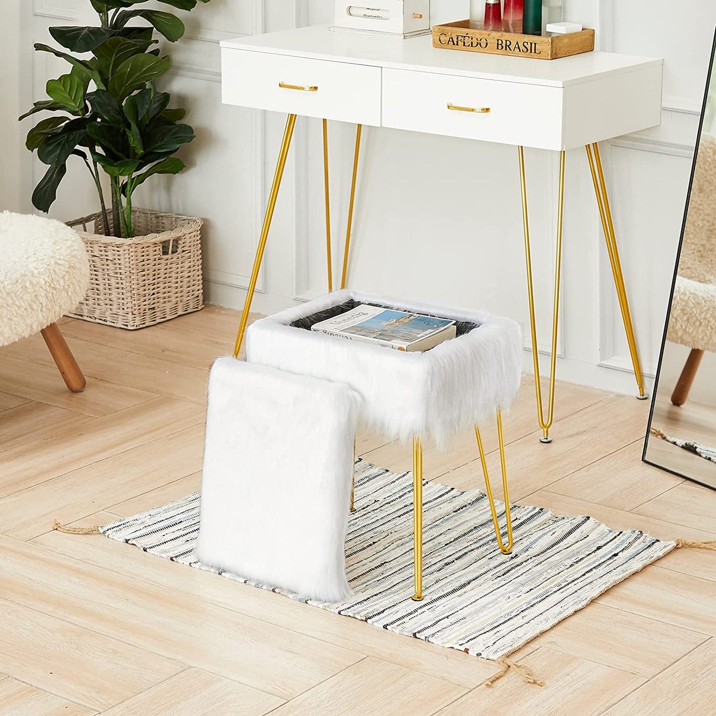 Fuzzy White Ottoman with Gold Legs