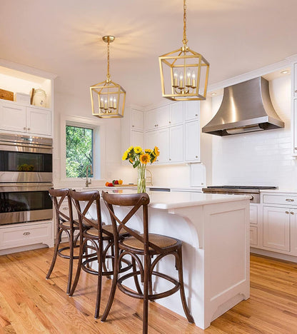 Gold Lantern Chandelier Hanging Pendant Light Fixture 4-Lights for