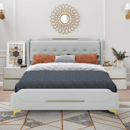 King Size Leather Bed frame with Wingback Headboard & Footboard, PU Upholstered Platform bed, Solid Wooden Slats Support, Easy Assembly