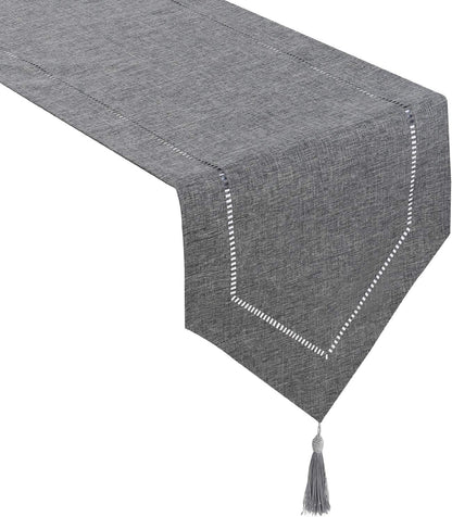 Tosewever Decorative Hemstitch Linen Table Runner Farmhouse Style Tabletop Collection Handcrafted Table Runners for Everyday Dining Wedding Party Holiday Home Decor (14 X 72 Inches, Grey)