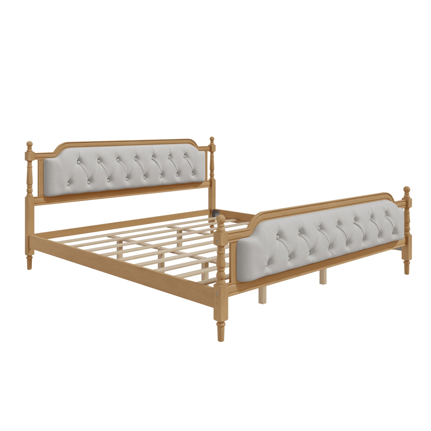Traditional Style Solid Wood Bed Frame with Upholstered Tufted Headboard, No Box Spring Needed, King Size, Walnut