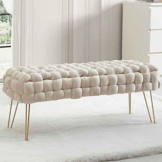 Ornavo Home Mirage Modern Contemporary Woven Upholstered Velvet Long Bench Ottoman with Gold Metal Legs - Cream