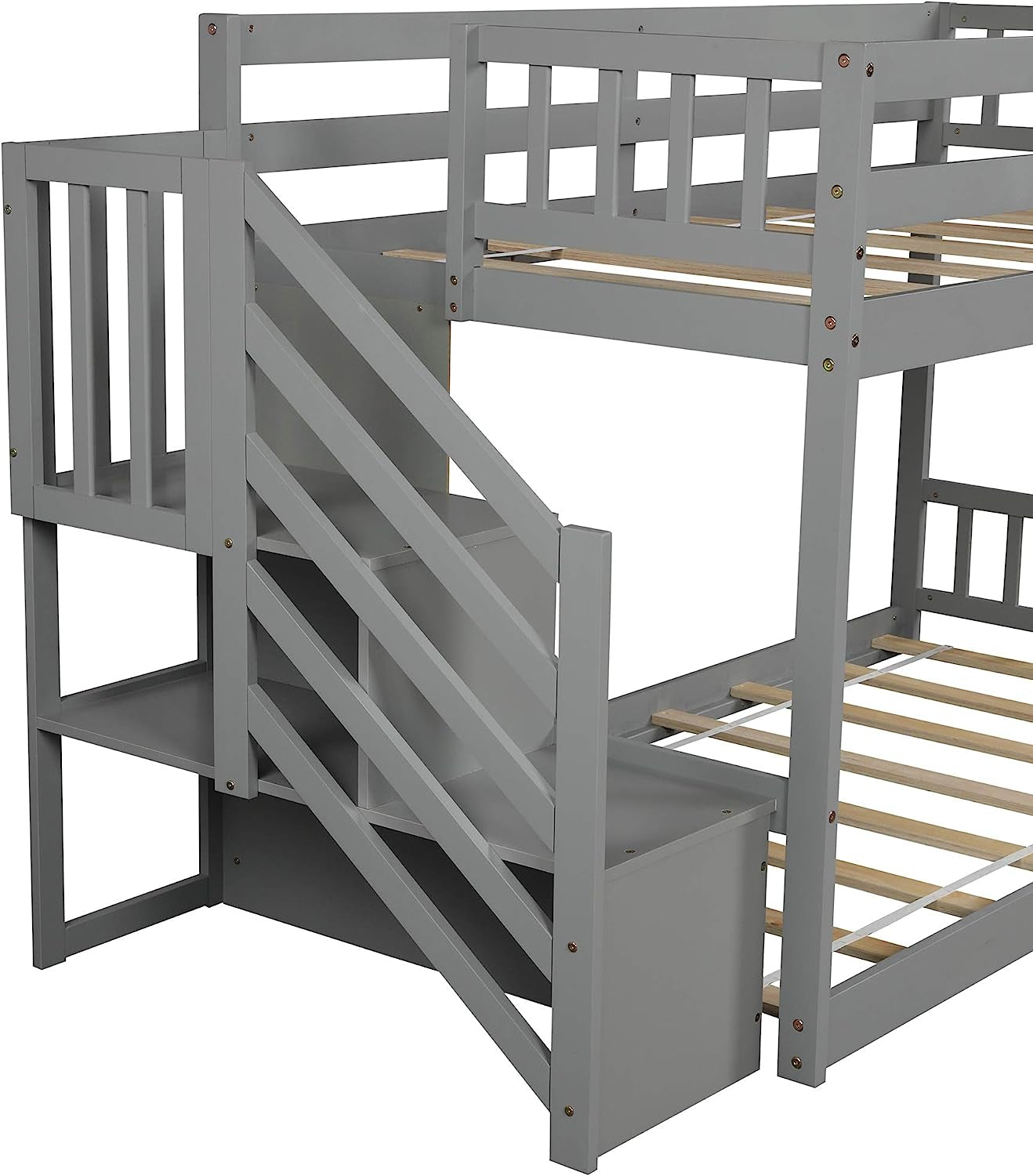 Twin over Twin Junior'S Low Bunk Bed, Storage Stairs, Wood, Grey