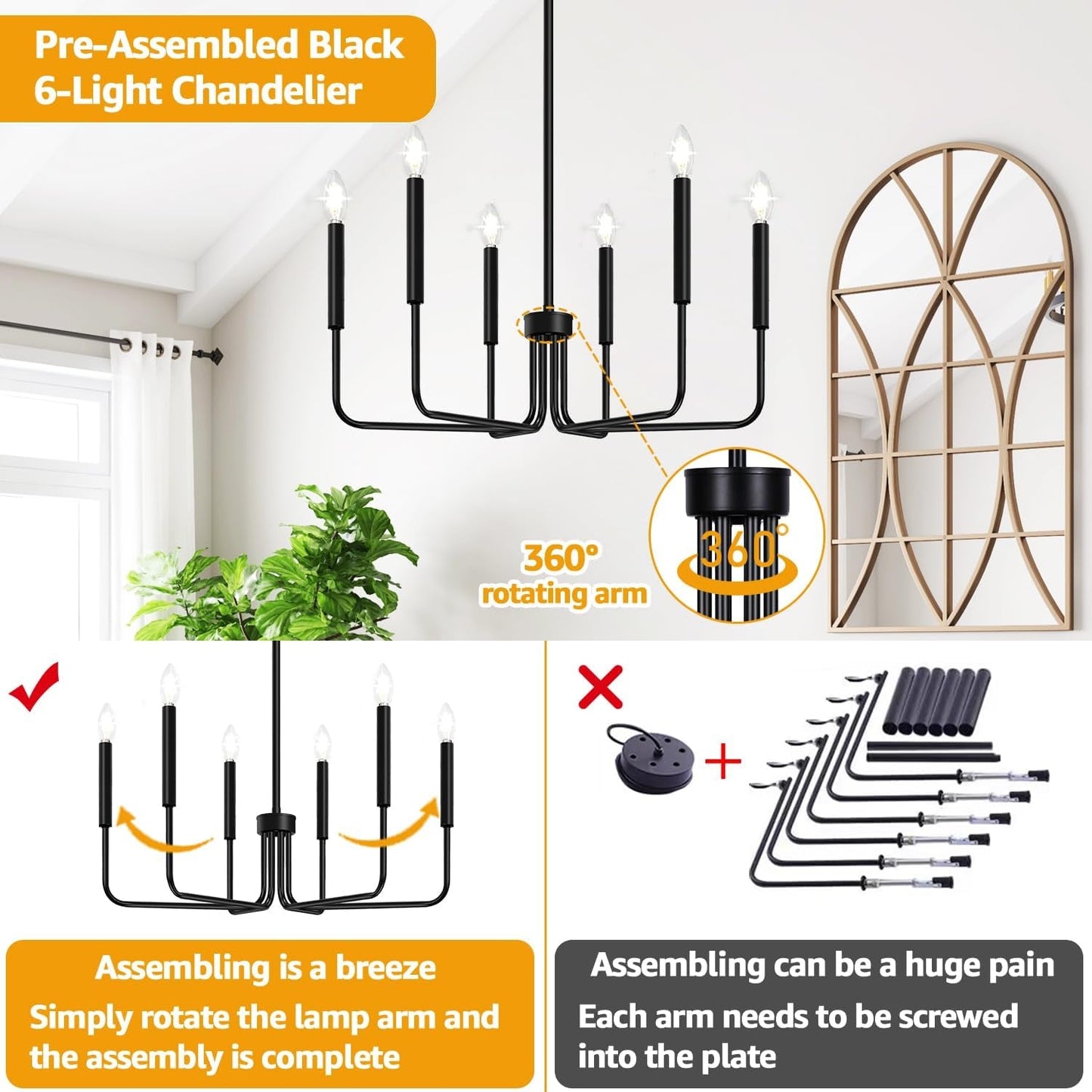 Black Chandelier, 6-Light Farmhouse Chandelier for Dining Room