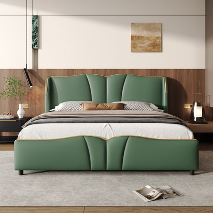 King Size Leather Upholstered Bed Frame, Modern Bed Frame with Wingback Head board, Upholstered Platform Bed with Wavy Footboard, No Spring Box Needed, Dark Green