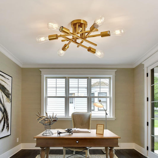 6-Lights Semi Flush Mount Ceiling Light Fixture Gold Modern Matte