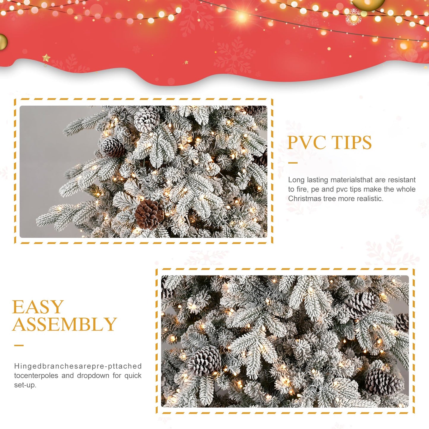 6FT Flocked PE/PVC Christmas Tree with 600 Warm White LED Lights – 935