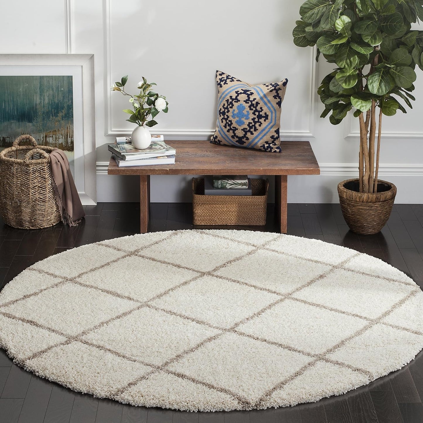 SAFAVIEH Hudson Shag Collection Area Rug - 7' Square, Beige & Ivory, Modern Trellis Design, Non-Shedding & Easy Care, 2-Inch Thick Ideal for High Traffic Areas in Living Room, Bedroom (SGH281S)
