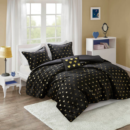 4 PCS Full/Queen Metallic Printed Plush Comforter Set with Throw Pillow Black/Gold