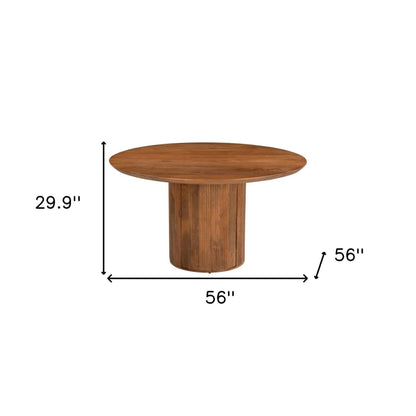 56" Brown Solid Wood Ribbed Texture Pedestal Base Round Dining Table