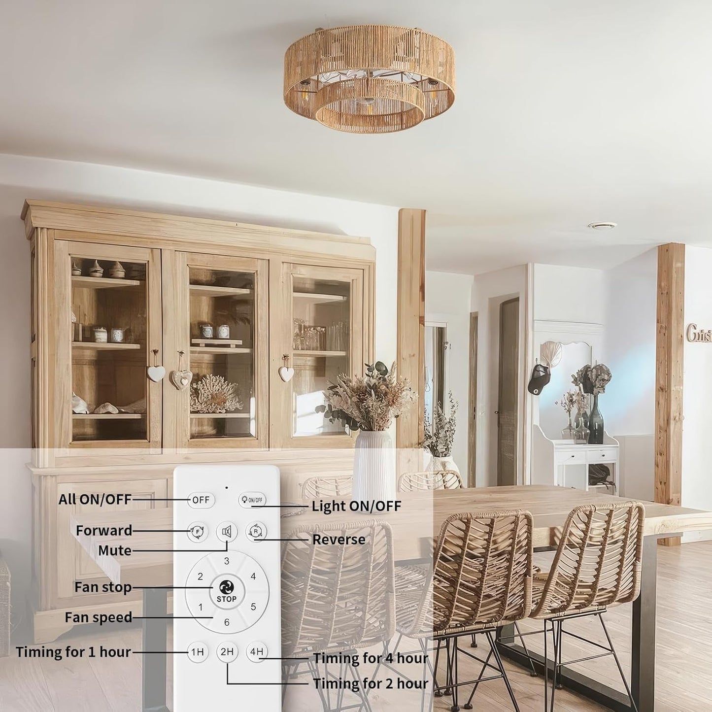 20 Inch Boho Caged Ceiling Fans with Lights Flush Mount, Layered