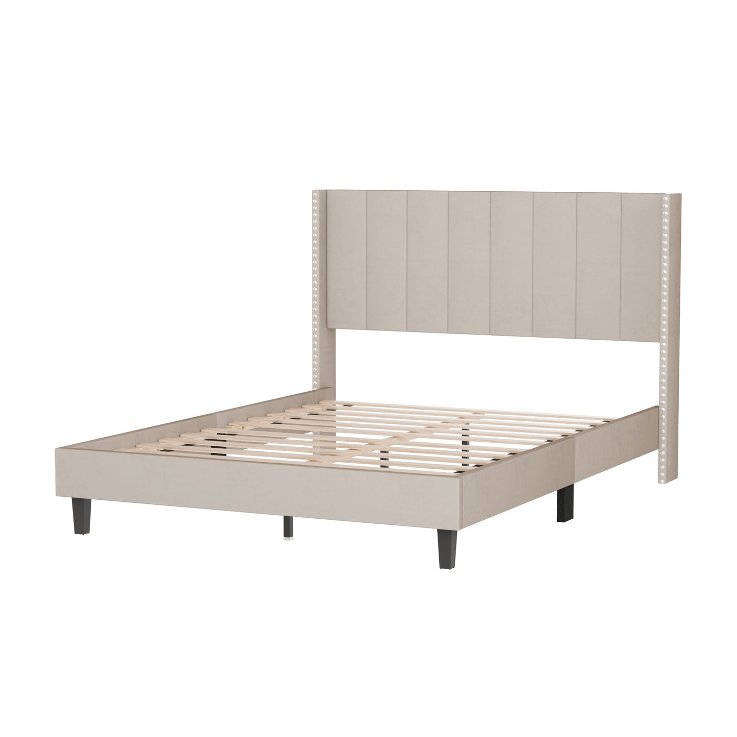 Queen Bed Frame/Velvet Upholstered Bed Frame with Vertical Channel