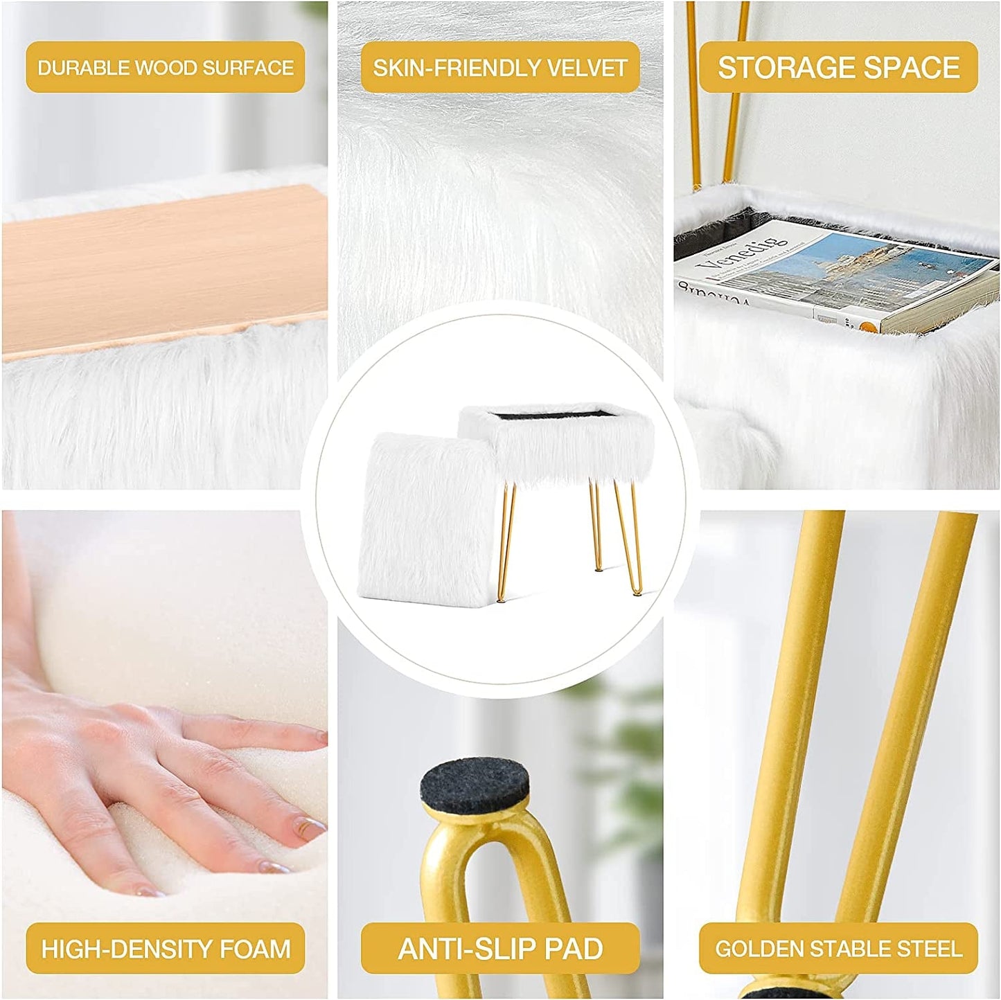 Fuzzy White Ottoman with Gold Legs