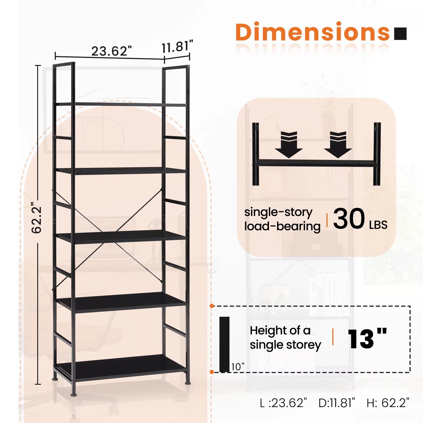 5 Tier Bookcase Bookshelf Modern Book Case for Books Corner Storage Organizer for Bedroom Home Office Kitchen Living Room