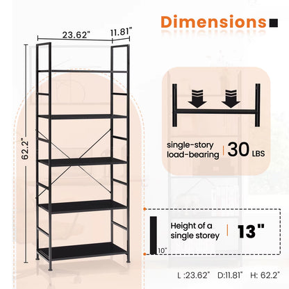 5 Tier Bookcase Bookshelf Modern Book Case for Books Corner Storage Organizer for Bedroom Home Office Kitchen Living Room