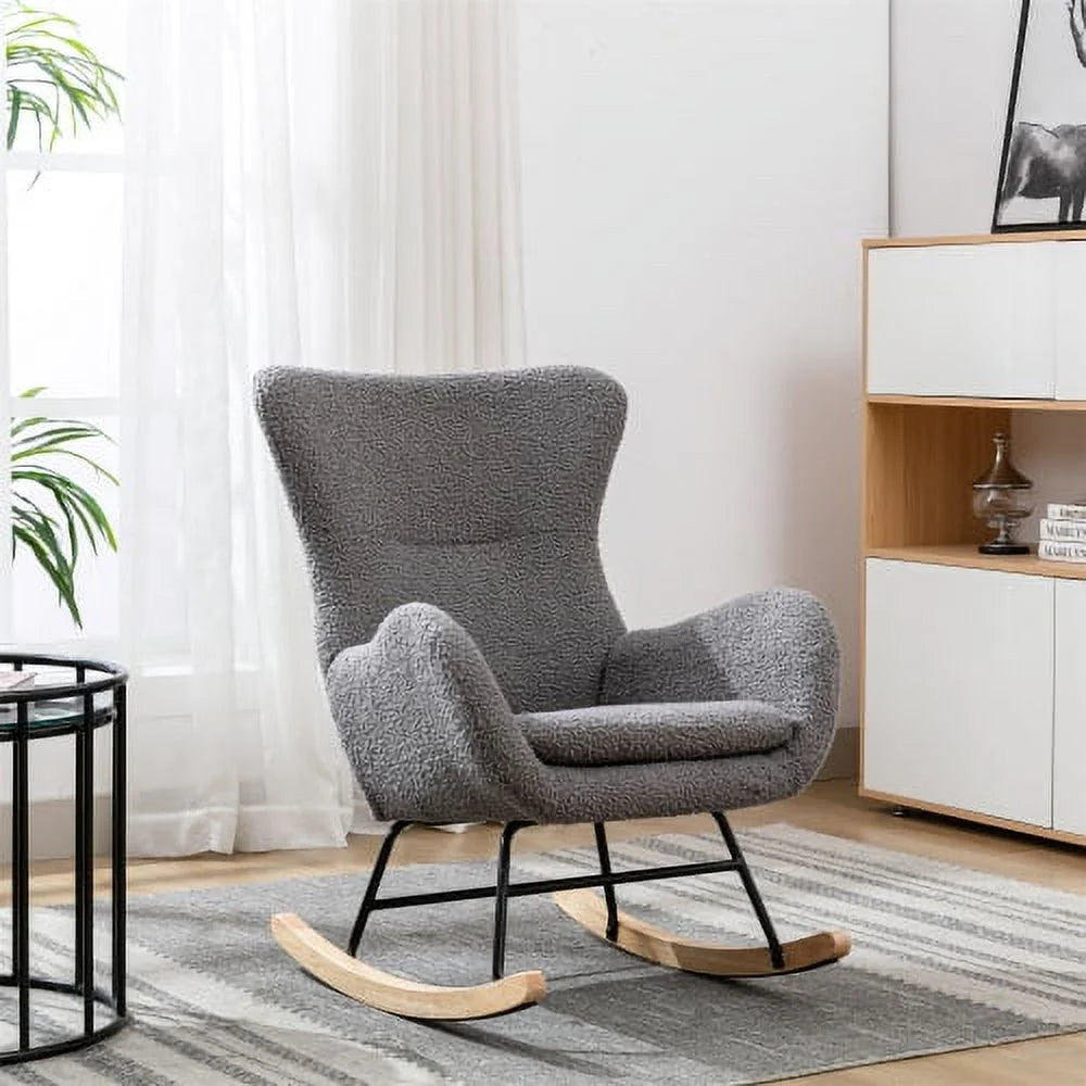 Teddy Rocking Chair, Comfy Armchair with High Backrest and Armrests, Modern Upholstered Accent Glider Rocker Armchair with Solid Wood Legs for Living Room, Bedroom,Gray