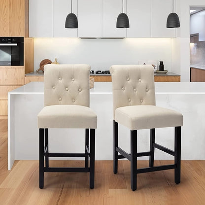 Fabric Counter Height Bar Stools with Solid Wood Legs, Set of 2