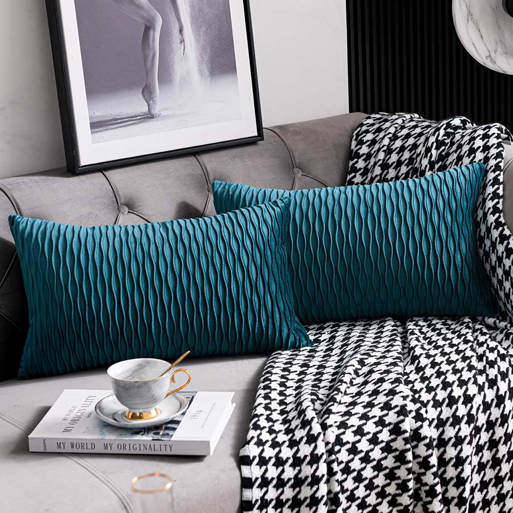 DEZENE Turquoise Throw Pillow Cases 22X22: 2 Pack Inch Original Striped Velvet Square Decorative Pillow Covers for Farmhouse Couch