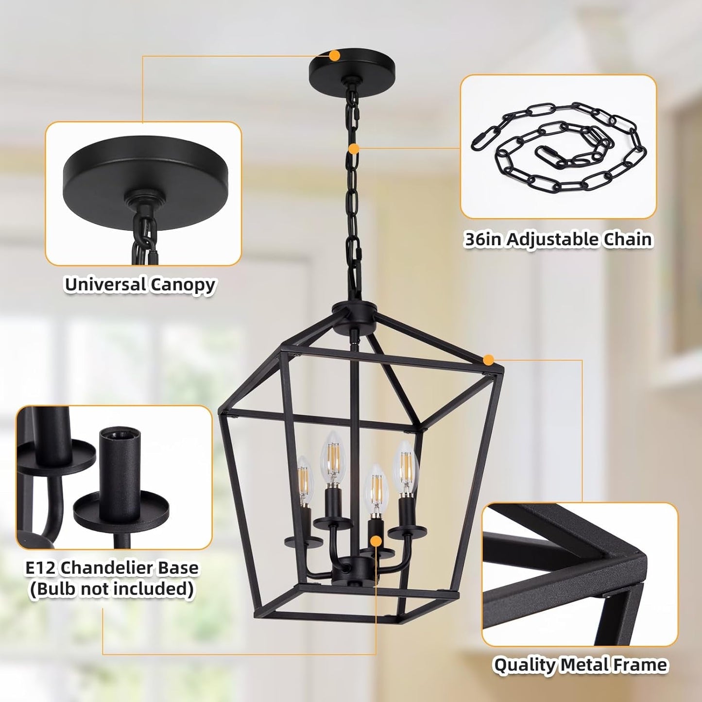 4 Light Chandelier, Industrial Ceiling Light Black Lantern Light