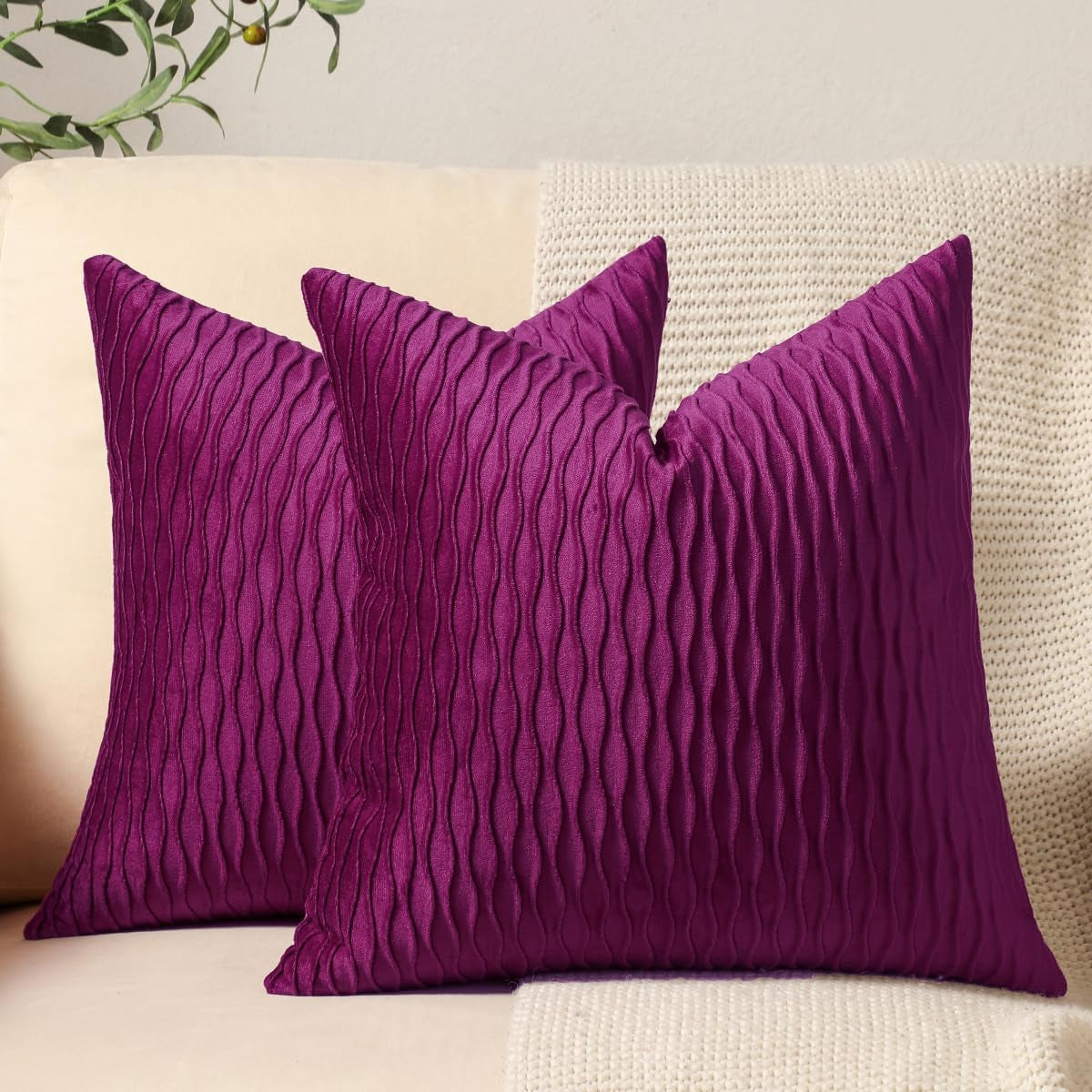 DEZENE Turquoise Throw Pillow Cases 22X22: 2 Pack Inch Original Striped Velvet Square Decorative Pillow Covers for Farmhouse Couch