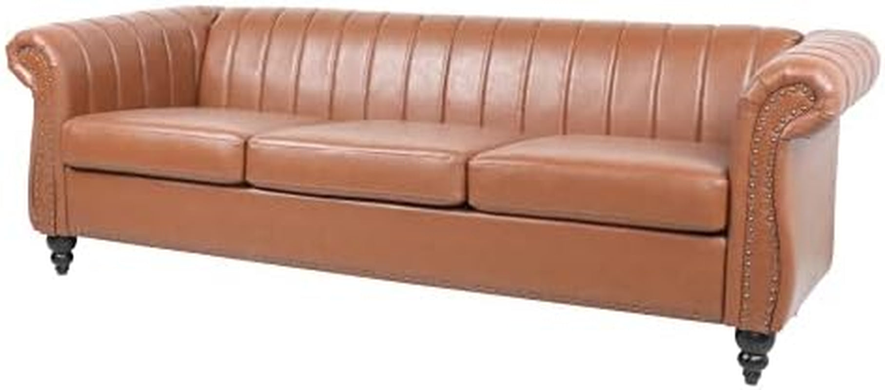 FAMIROSA Chesterfield Sofa, 3 Seater Sofa PU Leather with Rolled Arm Studded Decoration Rotating Solid Wood Legs Couches for Living (Bronze)