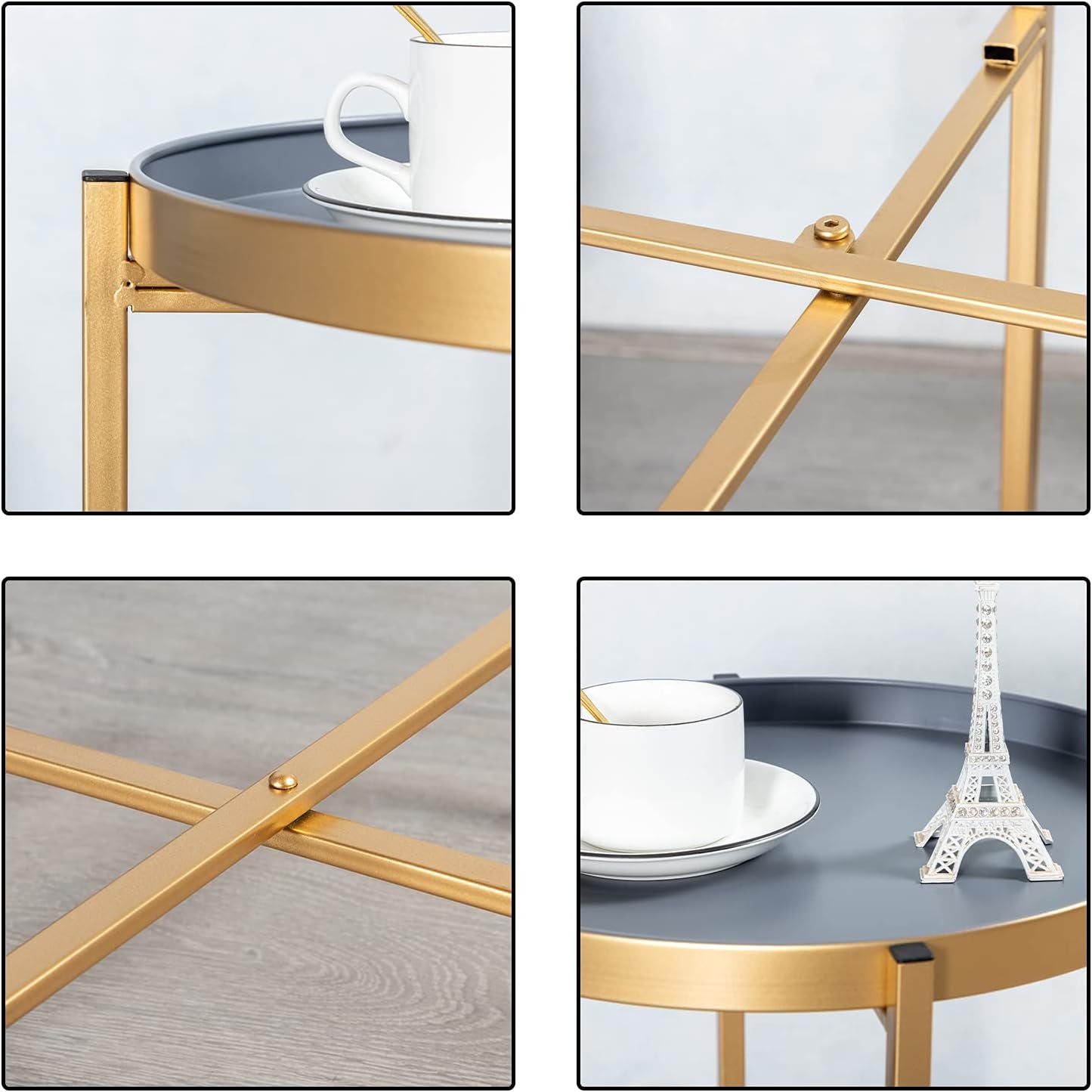 Hollyhome Small round Metal Tray End Table, (D) 14.96" X(H) 18.5", Accent Indoor&Outdoor Sofa Side Tea Table/Nightstand, Weather Resistant Coffee Table for Living Room, Balcony, Patio, Gold&Grey