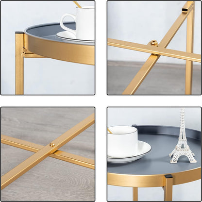 Hollyhome Small round Metal Tray End Table, (D) 14.96" X(H) 18.5", Accent Indoor&Outdoor Sofa Side Tea Table/Nightstand, Weather Resistant Coffee Table for Living Room, Balcony, Patio, Gold&Grey