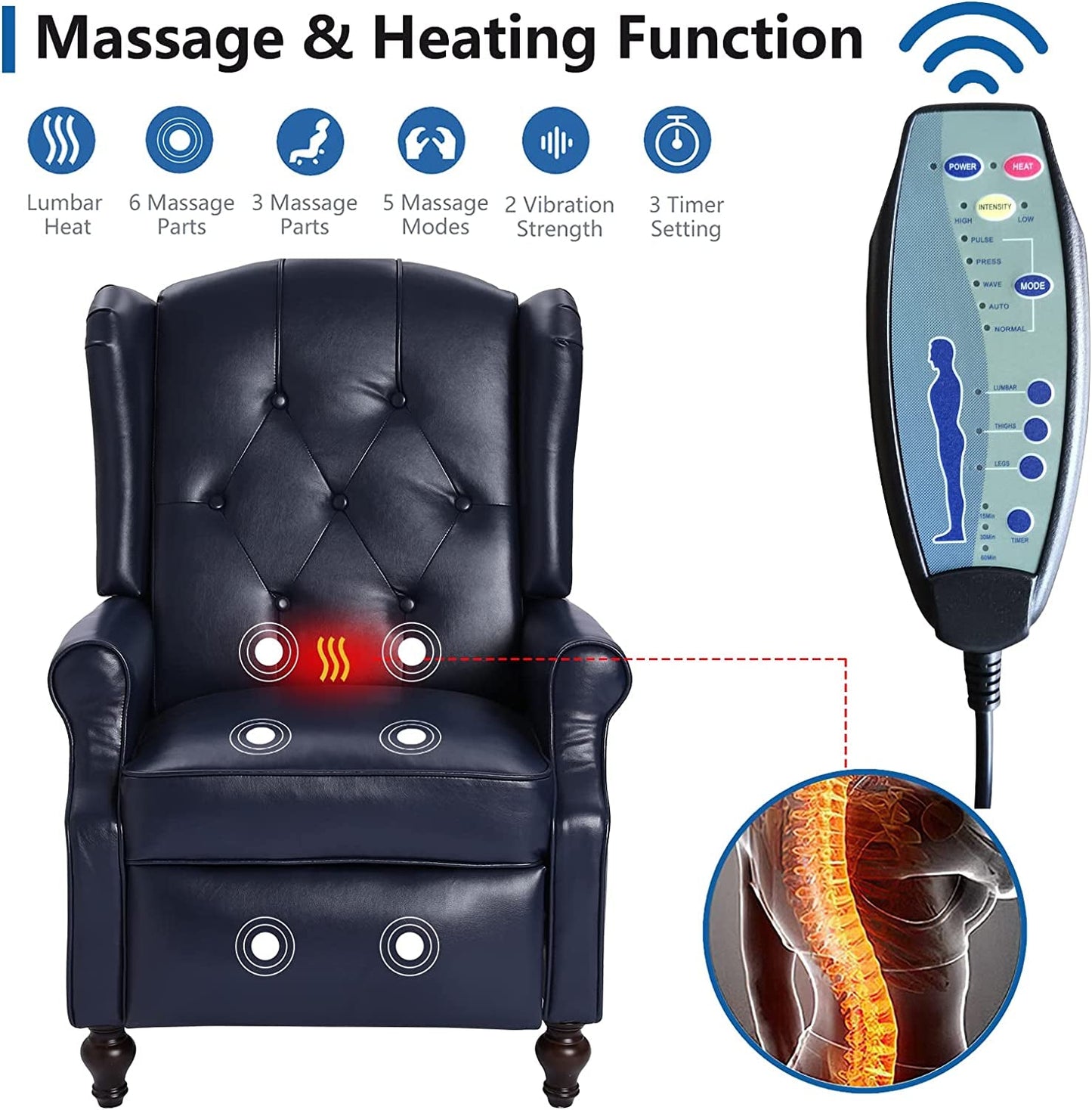 Wingback Recliner Chair with Massage and Heat, Tufted Push-Back, Ergonomic Support