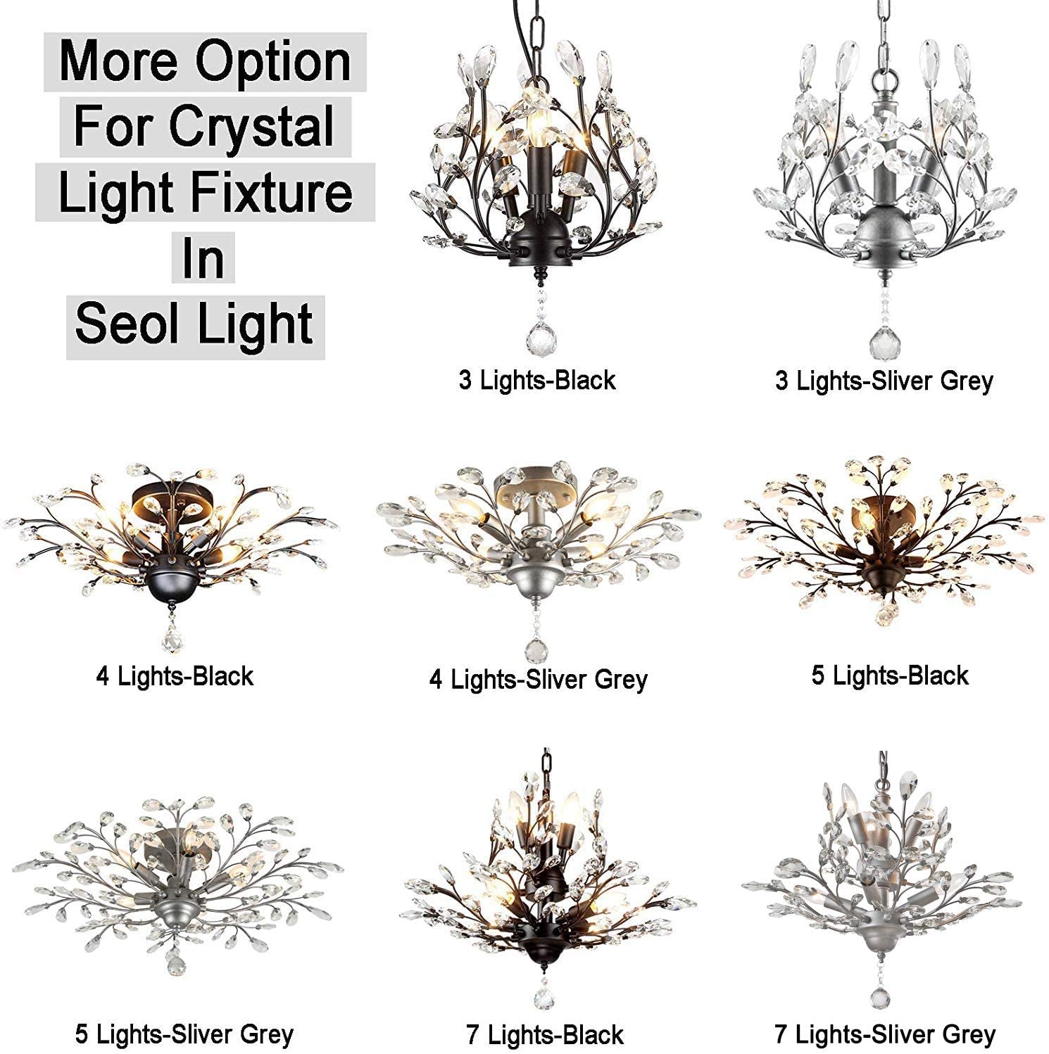 Seol-Light Vintage Crystal Branch Close to Ceiling Light Fixture Black Chandelier Flush Mount with 4 Light 160W 24.5" Dia;