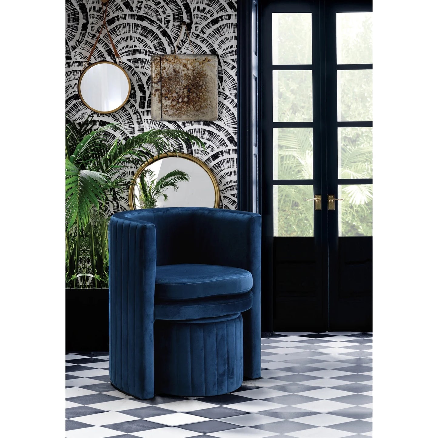 Selena Velvet Accent Chair and Ottoman Set in Navy