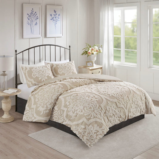 Full/Queen 3 piece Tufted Cotton Chenille Damask Duvet Cover Set