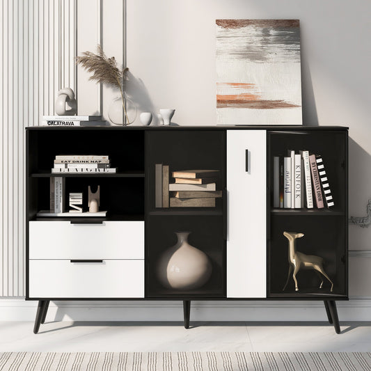 Featured Two-door Storage Cabinet with Two Drawers and Metal Handles,