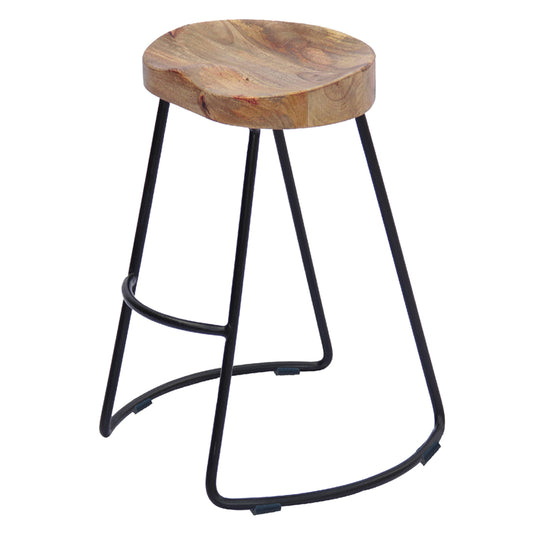 Ela 24 Inch Counter Height Stool, Mango Wood Saddle Seat, Iron Frame,