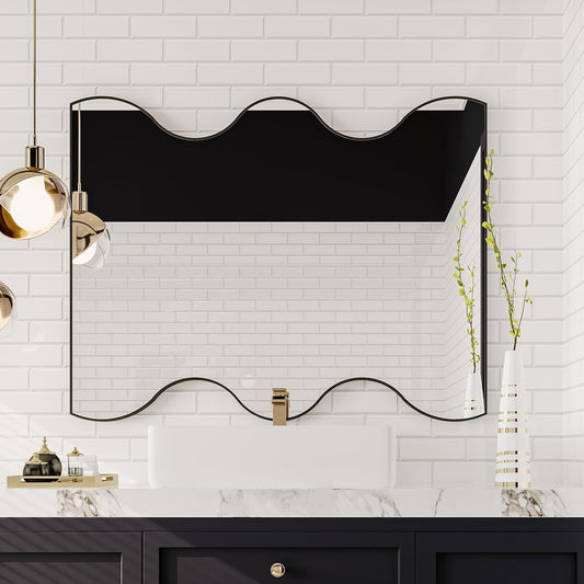 30X35 Inch Irregular Black Metal Framed Bathroom Mirror with Wavy