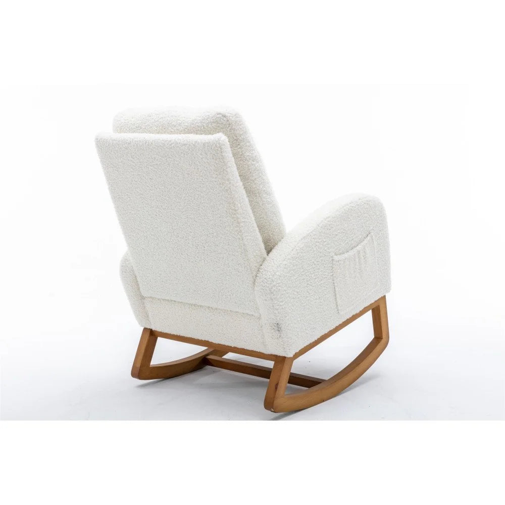 Nursery Rocking Chairs, Upholstered Fabric Nursery Chairs with Tall Back and Side Pocket, Nursing Chair with Rubber Wood Legs, Rocker Glider Chair, White Teddy