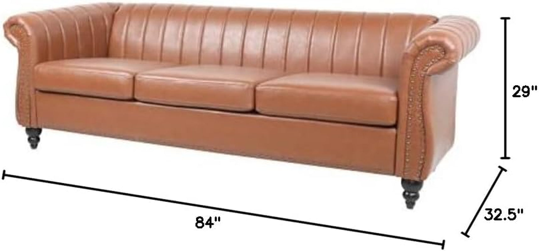 FAMIROSA Chesterfield Sofa, 3 Seater Sofa PU Leather with Rolled Arm Studded Decoration Rotating Solid Wood Legs Couches for Living (Bronze)