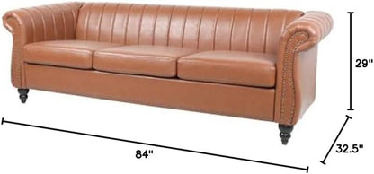 FAMIROSA Chesterfield Sofa, 3 Seater Sofa PU Leather with Rolled Arm Studded Decoration Rotating Solid Wood Legs Couches for Living (Bronze)