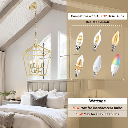 4 Light Chandelier, Industrial Ceiling Light Gold Lantern Light