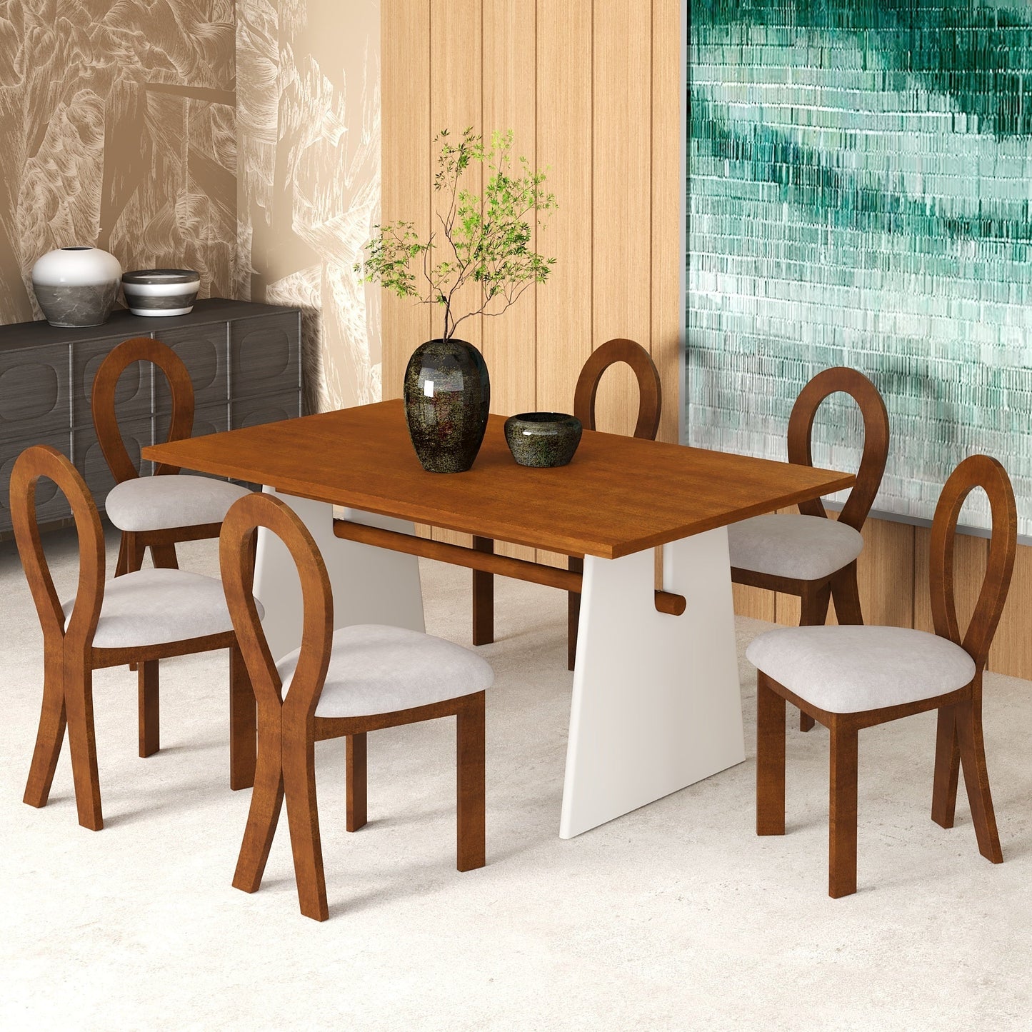 Modern 7-Piece Dining Table Set with Trestle Dining Table and 6