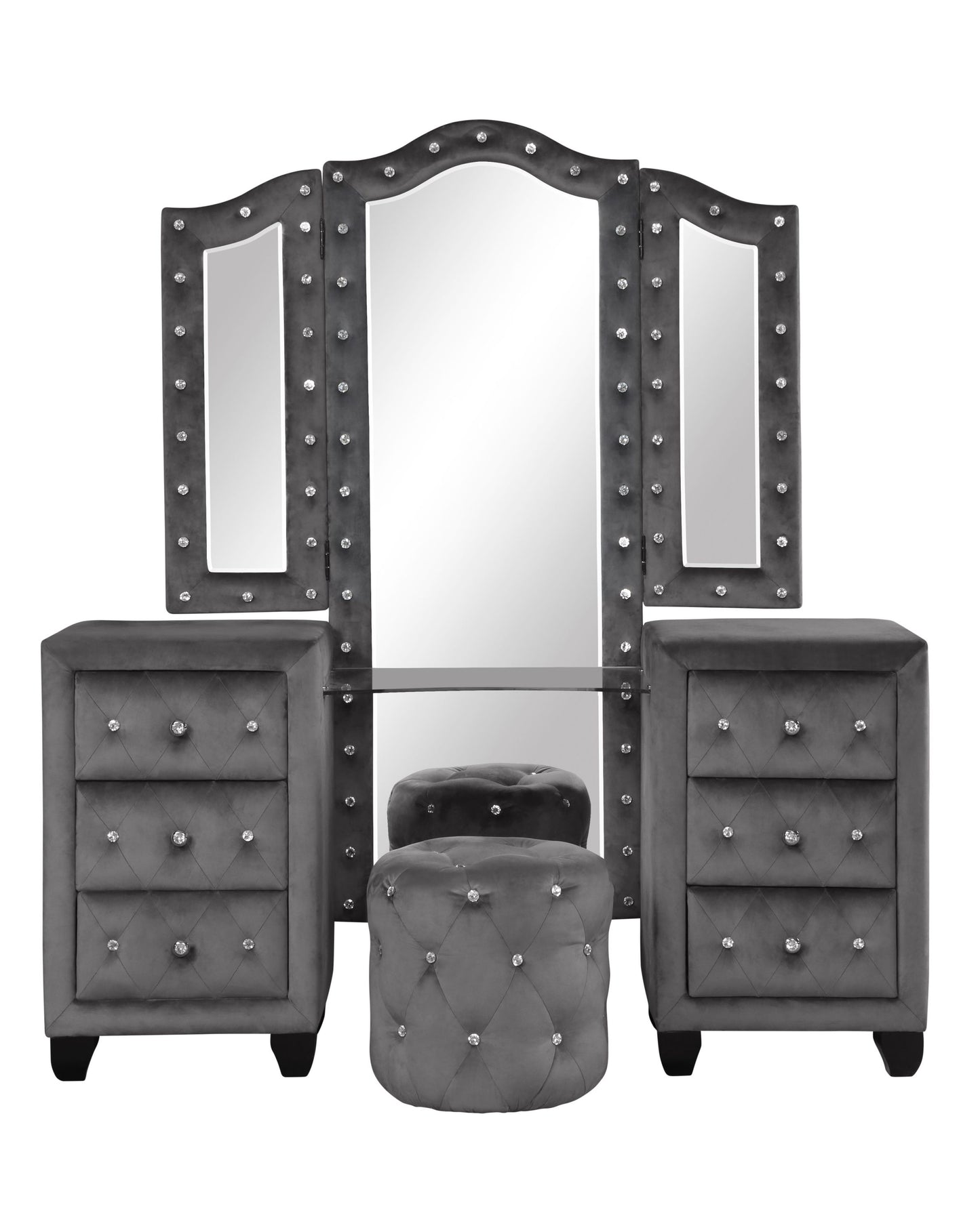 Modern Style Crystal Tufted Upholstered 6-Drawer Vanity Set with Stool
