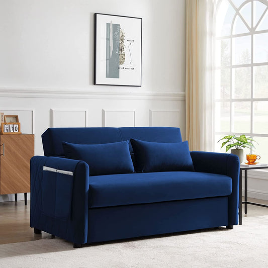 Blue Velvet Convertible Sofa Bed with Adjustable Backrest