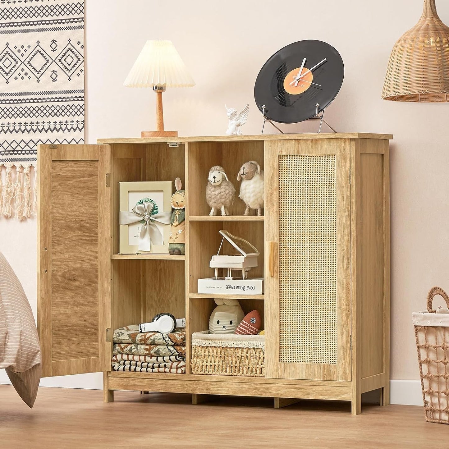 Storage Cabinet Rattan Credenza for Living Room and Coffee Bar, Multifunctional