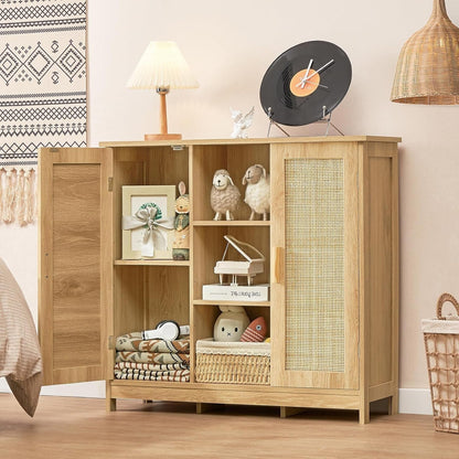 Storage Cabinet Rattan Credenza for Living Room and Coffee Bar, Multifunctional