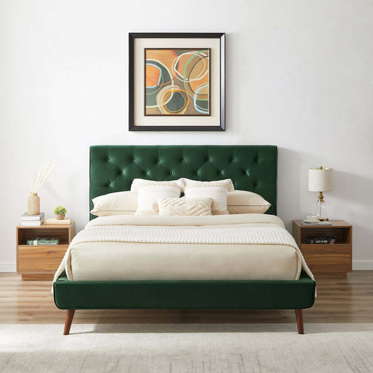 Dillon  Dark Green Velvet Platform Bed (Queen Size)