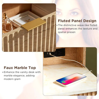 48" Modern Fluted Makeup Vanity Desk with Large 36" Mirror & Lights,