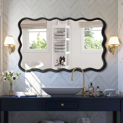 Solid Wood Wavy Mirror Modern Wall Decor for Bathroom, Bedroom & Living Room, Entryway