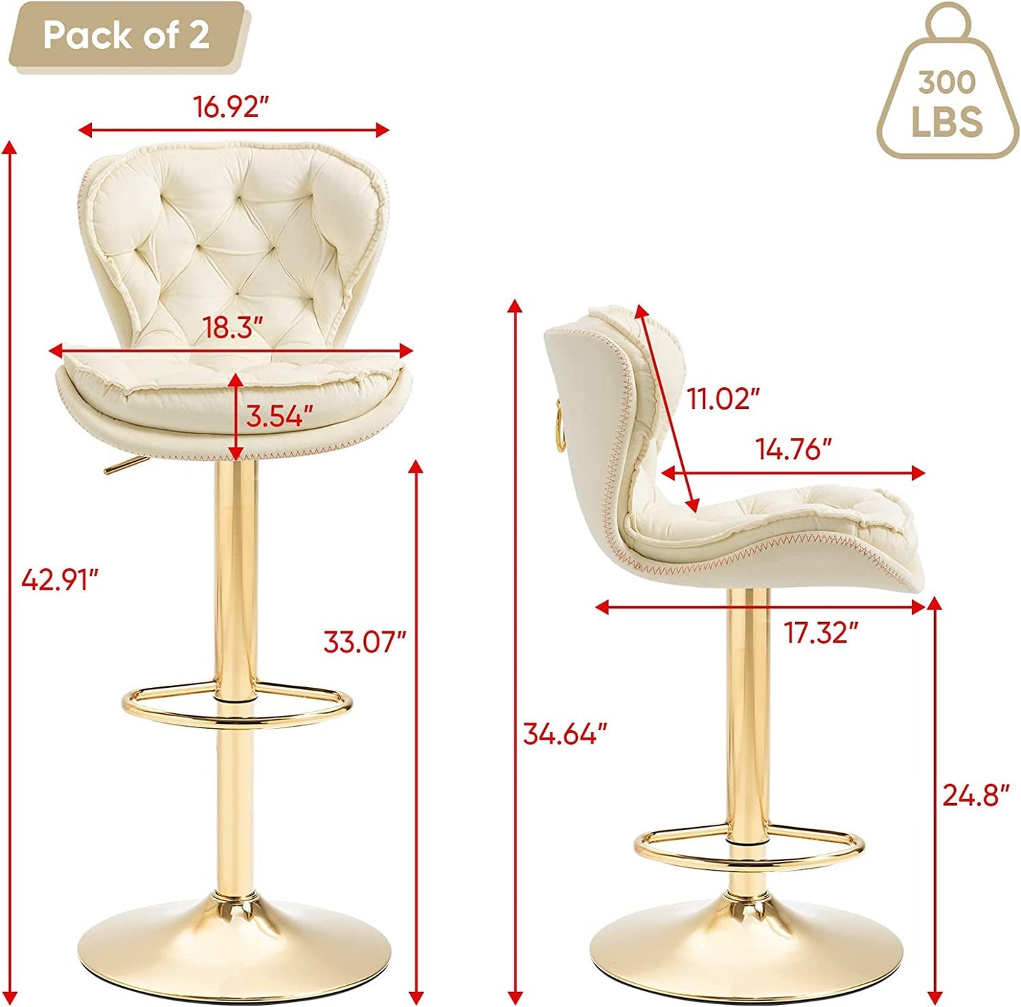 Adjustable Velvet Barstools with Swivel Base, Set of 2