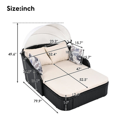 79.9' Outdoor Sunbed with Adjustable Canopy, Double lounge, PE Rattan