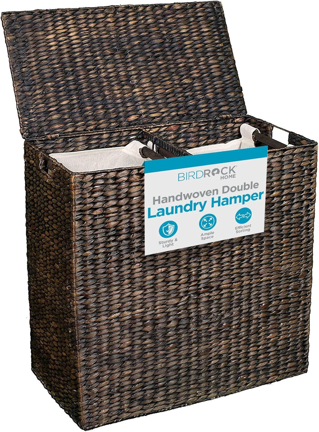 BIRDROCK HOME Handwoven Double Laundry Hamper | Removable Liner Bags | Laundry Basket with Lid - College Dorm Room Essentials, Bathroom, Bedroom, Home Clothes Storage, Organization | Natural