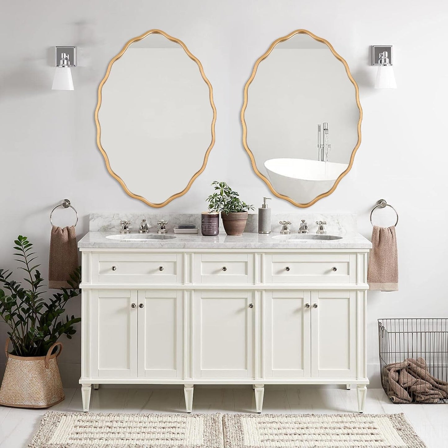 Large Modern Brushed Gold Oval Ripple Bathroom Mirror - Wall Mounted,